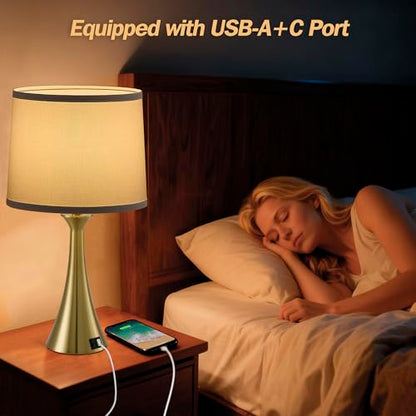 Touch Lamp for Living Room Bedroom, 21" Table Lamps Set of 2 with USB C+A Ports and White Lamp Shades, 3 Way Dimmable Gold Touch Bedside Lamps for Nightstand, 2 LED Bulbs Included - color: Gold & White Shade
