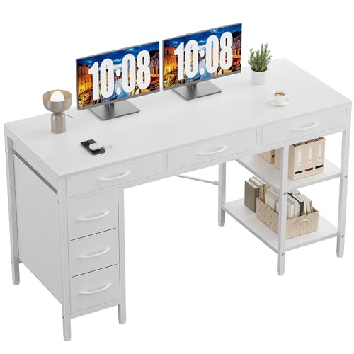 Sweetcrispy 55" Computer Desk with 6 Fabric Drawers, Home Office Gaming Desks with Storage Shelves for Bedroom, Writing Study Corner Living Room Work Table White - color: Pure White, size: 54.9 Inches