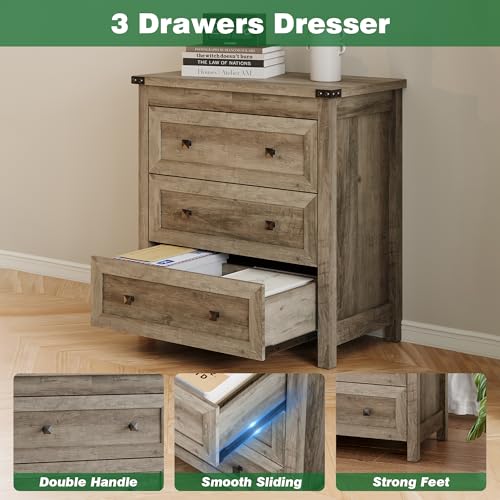 Xixini Farmhouse Nightstand with 3 Storage Drawers, 27.55" Wide Wood Bedside Table, Modern Side Table with Metal Handle, End Table for Bedroom, Grey - color: Grey