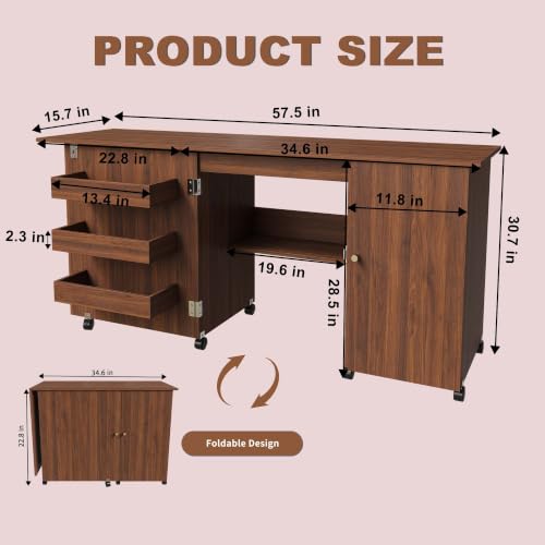 HRVEOCEI 4-in-1 Folding Sewing Table with Storage, Sewing Desk Foldable with Lockable Wheels & Power Socket, Sewings Machine Cabinet & Craft Desk with Shelves, Compact Design (Walnut, 57 Inch) - color: Walnut, size: 57 Inch