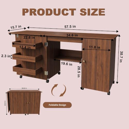 HRVEOCEI 4-in-1 Folding Sewing Table with Storage, Sewing Desk Foldable with Lockable Wheels & Power Socket, Sewings Machine Cabinet & Craft Desk with Shelves, Compact Design (Walnut, 57 Inch) - color: Walnut, size: 57 Inch