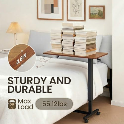 Careboda Overbed Table with Wheels Pneumatic Height Adjustable-Brown | Rolling Bedside Table for Home Hospital&Office