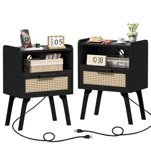 Lerliuo Rattan Nightstands Set of 2 with Charging Station, Black Bedside Table with Drawer Open Shelf, Cane Accent Side End Table with Solid Wood Legs, Night Stand for Bedroom, Dorm and Small Spaces - color: Black With Natural, size: 2 pack