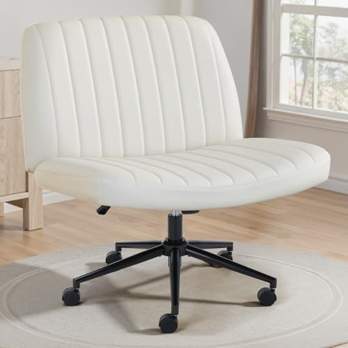 OLIXIS Criss Cross Chair with Wheels, Vanity Chair, Home Office Desk | Wide Seat Armless, Faux Leather, Height Adjustable Swivel Rolling, Home Computer Task Seating for Bedroom Study, Beige PU - color: Beige Pu