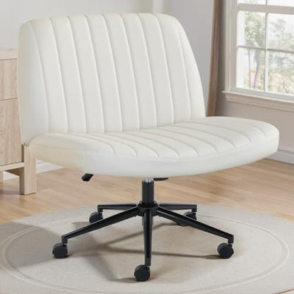 OLIXIS Criss Cross Chair with Wheels, Vanity Chair, Home Office Desk | Wide Seat Armless, Faux Leather, Height Adjustable Swivel Rolling, Home Computer Task Seating for Bedroom Study, Beige PU - color: Beige Pu