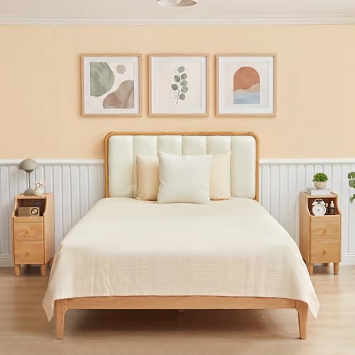 Solid Wood Narrow Nightstand, Slim Bedside Table with 2 Drawers & Slide-Out Tray, Mid-Century Modern End Table Side Table for Bedroom, Living Room, Small Spaces (Natural-2 Packs) - color: Natural-2 Packs