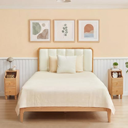 Solid Wood Narrow Nightstand, Slim Bedside Table with 2 Drawers & Slide-Out Tray, Mid-Century Modern End Table Side Table for Bedroom, Living Room, Small Spaces (Natural-2 Packs) - color: Natural-2 Packs