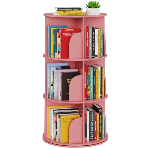 SpaceAid 3 Tier Rotating Bookshelf Tower, Spinning Bookcase Lazy Susan, Revolving 360 Book Shelf Storage Round Carousel, Vertical Rotate Turning Spiral Corner Organizer, Pink - color: Pink, size: 3 Tier, 37.8" H