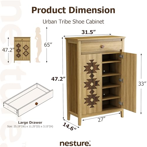 5-Tier Shoe Cabinet with Drawers, Wooden Shoe Storage Cabinet with Adjustable Shelves,Simple Tribal Style Freestanding Walnut Shoe Cabinet Suitable for Entrance,Corridor,Cloakroom,Natural（1pcs）