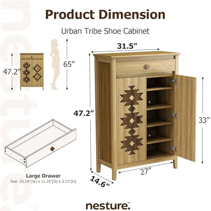 5-Tier Shoe Cabinet with Drawers, Wooden Shoe Storage Cabinet with Adjustable Shelves,Simple Tribal Style Freestanding Walnut Shoe Cabinet Suitable for Entrance,Corridor,Cloakroom,Natural（1pcs）