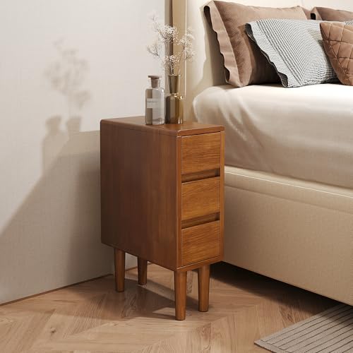 Narrow Nightstand with 3 Drawers Narrow Night Stand Solid Wood Bedside Table Mid Century Modern Nightstand Wooden End Table for Bedroom, Study, Office - color: Walnut-3d, size: 15.75''×8''×23.62''