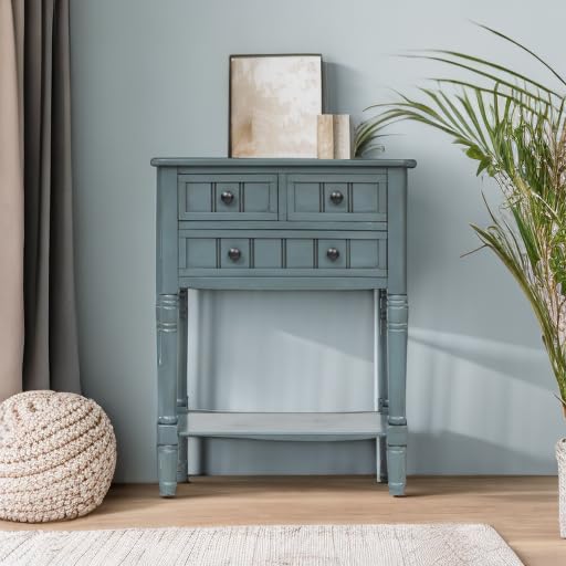 Knocbel Slim Antique Entry Console Table with Drawers & Bottom Open Shelf, Solid Wood Sofa Couch Table for Entryway Hallway Living Room (Navy) - color: Navy