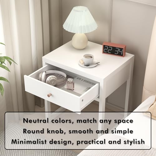 Modern Minimalist White Nightstand with Drawer - Compact Bedside Table for Small Spaces, Easy Assembly, Sturdy MDF Wood, Smooth Painted Finish - Perfect for Bedroom or Apartment