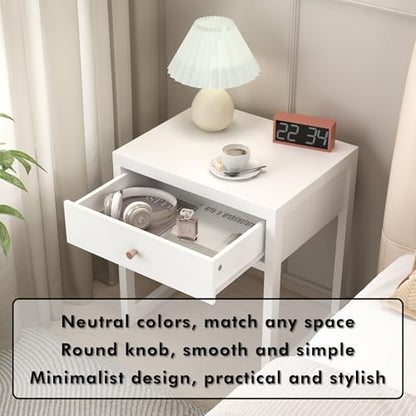 Modern Minimalist White Nightstand with Drawer - Compact Bedside Table for Small Spaces, Easy Assembly, Sturdy MDF Wood, Smooth Painted Finish - Perfect for Bedroom or Apartment