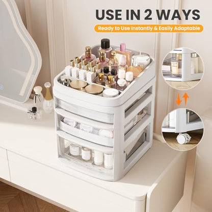 Rolling Cart with 3 Drawers, Clear Plastic Drawer Organizers, Dust Proof Under Desk Storage for Makeup, Skincare, Art Crafts and Baby Items, Acrylic Cosmetic Organizer with Dividers, Vanity Cart - size: 3 Tier