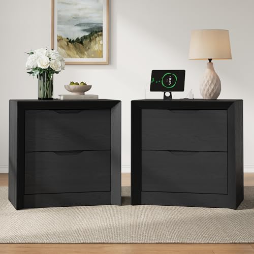 YANSNWO Black Nightstand Set of 2 with Charging Station, 23.6" Modern Bedside Table with Thickened Frame & Unique Panel, Mid Century Wood End Table for Bedroom, Living Room - color: Black, size: 15.6"D x 23.6"W x 23.6"H (2 Drawers/2 Piece)