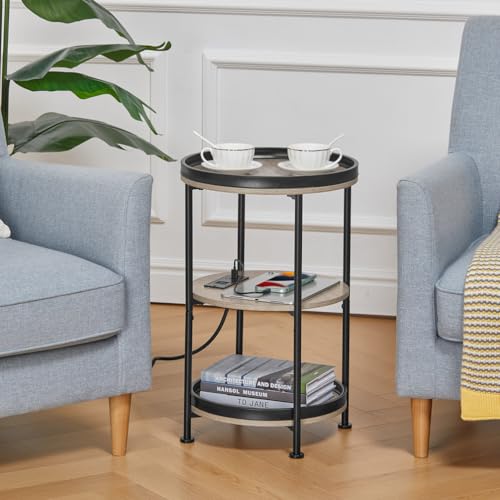 Dulcii Round Side Table with Charging Station, End Table with 3 Shelves for Living Room, Bedroom Nightstand for Small Spaces, Industrial Round Sofa Table with Steel Frame (USB+Oak) - color: Oak, style: With Outlets