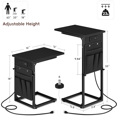 C-Shaped End Tables Set of 2 with Charging Station, 33'' Tall C Table Adjustable Height Side Table, Sofa Table for Couch, Couch Table that Slide Under Sofa, TV Trays for Living Room, Black - color: 2pc Black, style: With Plug