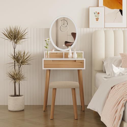 YOURLITE Small Makeup Vanity Desk with Lights, Compact Vanity Desk with Adjustable Brightness Mirror for Small Spaces, Dressing Table with Drawers and Storage Shelves - size: 24", style: Oval Mirror Wooden with shelf