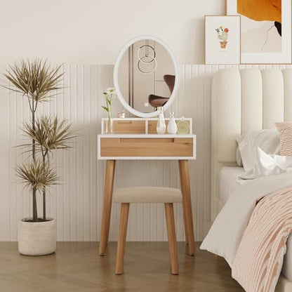 YOURLITE Small Makeup Vanity Desk with Lights, Compact Vanity Desk with Adjustable Brightness Mirror for Small Spaces, Dressing Table with Drawers and Storage Shelves - size: 24", style: Oval Mirror Wooden with shelf