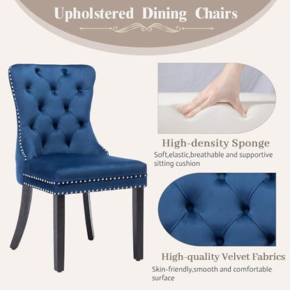 KCC Velvet Dining Chairs Set of 4, Upholstered High-end Tufted Dining Room Chair with Nailhead Back Ring Pull Trim Solid Wood Legs, Nikki Collection Modern Style for Kitchen, Blue - color: Blue, size: Set of 4