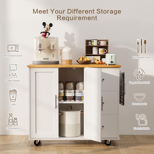 SUNLEI Kitchen Island with Storage Cabinet & Foldable Drop Leaf, Buffet Sideboard Cabinet, Cart Handle for Towel Rack, Drop Leaf, Portable Islands for Kitchen (Stylish White, 39.7-INCH) - size: 39.7 INCH, style: White