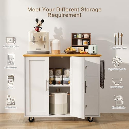 SUNLEI Kitchen Island with Storage Cabinet & Foldable Drop Leaf, Buffet Sideboard Cabinet, Cart Handle for Towel Rack, Drop Leaf, Portable Islands for Kitchen (Stylish White, 39.7-INCH) - size: 39.7 INCH, style: White