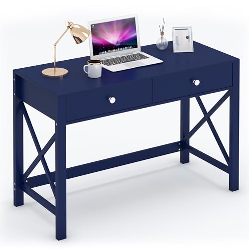 WiberWi Home Office Desk with Drawers, Modern Writing Computer Desk for Bedroom, Small Makeup Vanity Table Study Table for Home Office,Navy - color: Navy