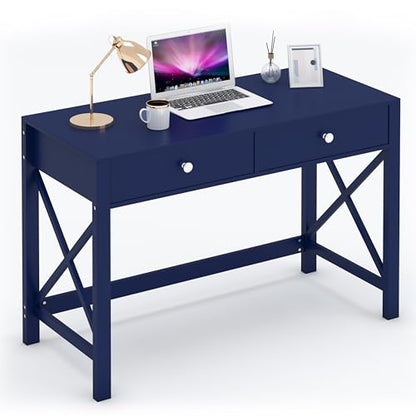 WiberWi Home Office Desk with Drawers, Modern Writing Computer Desk for Bedroom, Small Makeup Vanity Table Study Table for Home Office,Navy - color: Navy