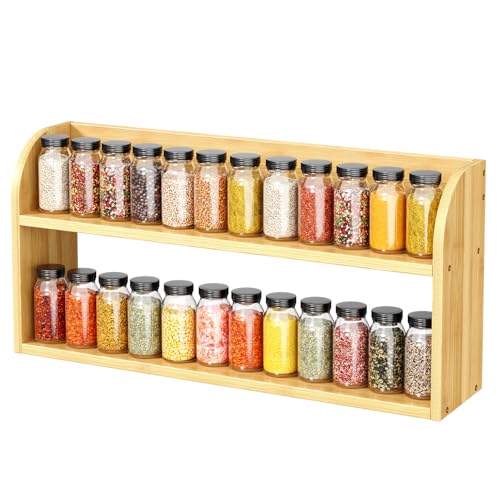 ROMGUAR CRAFT 2 Tier Long Bamboo Spice Rack, Countertop or Wall Mounting Wood Spice Jars Organizer Shelf for Kitche, Pantry (Natural) - color: Natural, size: 2 Tier(Long)