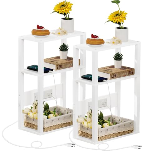 YUFAM 3-Tier Small Narrow Wood Side Table Set of 2 with Charging Station - Skinny Nightstand for Small Spaces, Slim Bedside Table with USB Ports and Outlets - Thin End Table with Storage, White - color: White, size: 2 Pack