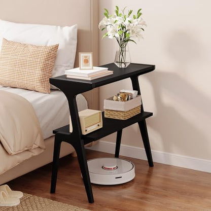 Solid Wood End Table, 2-Tier Side Table with Storage Shelf, Wooden Modern Accent Slim Bedside Table for Sofa, Living Room, Bedroom, Small Space, Easy Assembly, Black - color: Black
