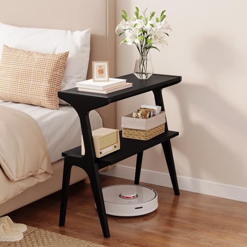 Solid Wood End Table, 2-Tier Side Table with Storage Shelf, Wooden Modern Accent Slim Bedside Table for Sofa, Living Room, Bedroom, Small Space, Easy Assembly, Black - color: Black