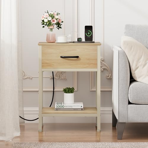Vagusicc Nightstand with Charging Station, End Table with Fabric Drawer, Small Side Table with 2-Tier Storage Shelves, 25.4" Tall Night Stand, Bedside Table for Bedroom, Living Room, Dorm, Natural - color: Natural (1 Pack)