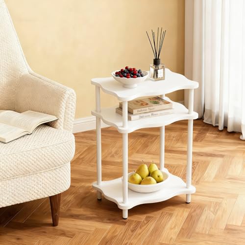 THUMEYE 3-Tier Side Table, 15.7”x11.8”x23” Space-Saving End Table with Solid Wood Legs, Tool-Free Assembly Nightstand for Bedroom Living Room, White - color: White