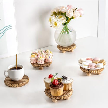 HouseJoy Round Wood Risers for Display：2P Beaded Riser Distressed Decor | Stable Wood Coaster-Rustic Farmhouse Pedestal Display Riser for Cake/Plant Stand/ Tiered-Ball Decoration-Raised High Holder