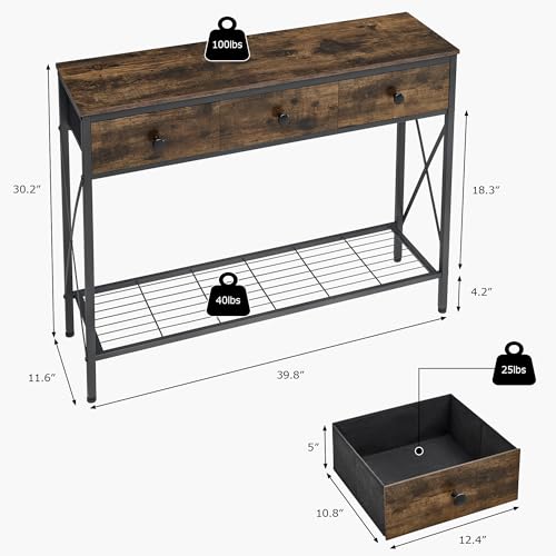 FAVOOSTY Entryway Table, 39.8" Console Table with 3 Fabric Drawers Narrow Console Table with 2-Tier Storage Shelves,Display Shelf for Living Room, Hallway, Entrance, Foyer, Office Rustic Brown