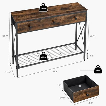 FAVOOSTY Entryway Table, 39.8" Console Table with 3 Fabric Drawers Narrow Console Table with 2-Tier Storage Shelves,Display Shelf for Living Room, Hallway, Entrance, Foyer, Office Rustic Brown