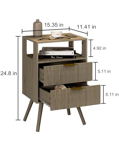 Leomonio Grey Nightstand,Modern Bedside Table with 2 Storage Drawer and Open Wood Shelf, for Bedroom and Small Spaces,Night Stand with Solid Wood Legs,Grey Oak - color: Grey Oak