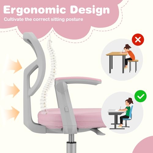 HONEY JOY Kids Desk Chair, Children Study Chair with Adjustable Height/Armrest/Footrest, Swivel Rolling Mesh Task Student Chair, Kids Computer Chair for Teens Girls Boys, Home, School, Office (Pink) - color: Pink