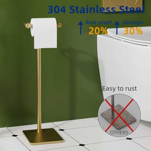 RUACQ Bathroom Toilet Paper Holder Stand, Brushed Gold | Dual-Post Pivoting Free Standing Toilet Roll Holder with Weighted Base, Anti-drop Design 304 Stainless Steel Tissue Stand - color: Brushed Gold, size: Free Standing