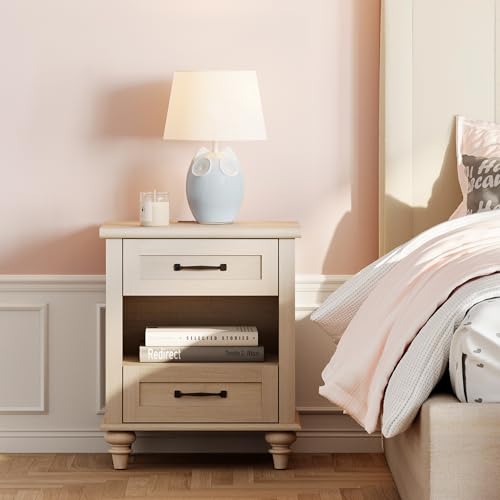 WAMPAT Beige Side Table with Charging Station, Elegant Nightstand for Bedroom with 2 Drawers & Open Shelf, Wooden End Table Bedside Table for Living Room, Kids Room - color: Beige