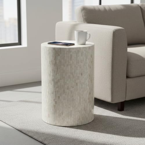 PEMAR Mother of Pearl Cylinder Drum End Table Nacre Side Stool Round Accent Table Coffee Bedside Nightstand and Vanity Stool 13" Diameter x 19.3" High Pearl White & Cream - color: Pearl White