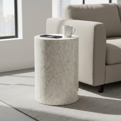 PEMAR Mother of Pearl Cylinder Drum End Table Nacre Side Stool Round Accent Table Coffee Bedside Nightstand and Vanity Stool 13" Diameter x 19.3" High Pearl White & Cream - color: Pearl White