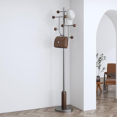 Coat Rack Freestanding Metal Coat Tree with 8 Wood Hooks | Heavy Duty Standing Coat Rack, Stainless Steel Marble Base, Coat Hanger Stand for Bedroom Entryway Hallway, Hat, Bags - color: Stainless Steel and Wood