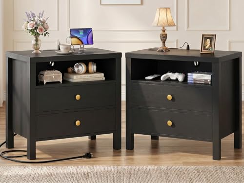 Aheaplus Nightstand with Charging Station, 23.6'' Large Bed Side Table with Wooden 2 Drawers, Night Stand for Bedroom, End Table with Open Storage Shelf for Living Room, Set of 2, Black - color: Black
