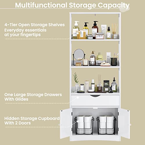 DICTAC Kitchen Pantry Storage Cabinets Freestanding Tall Bathroom Cabinet with Shelves and Drawer 64''H Sideboard Microwave Space Cupboard Organizer for Home Office,White, 23.62x13x64.06inch | Freestanding - size: 23.62x13x64.06inch