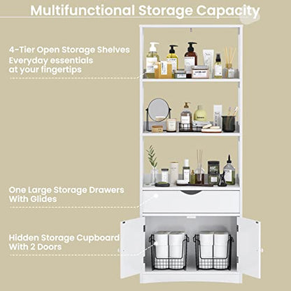 DICTAC Kitchen Pantry Storage Cabinets Freestanding Tall Bathroom Cabinet with Shelves and Drawer 64''H Sideboard Microwave Space Cupboard Organizer for Home Office,White, 23.62x13x64.06inch | Freestanding - size: 23.62x13x64.06inch