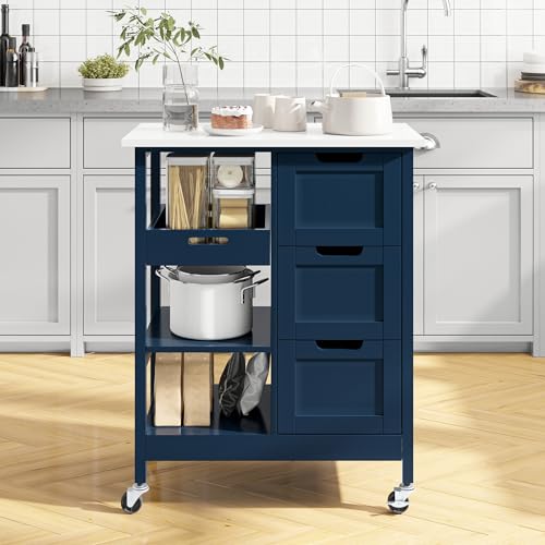 YITAHOME Small Solid Wood Top Kitchen Island Cart on Wheels with Storage, Rolling Portable Dining Room Serving Utility Carts Mobile Movable with 3 Drawers Cabinet, Navy Blue - style: 26.7"W Blue