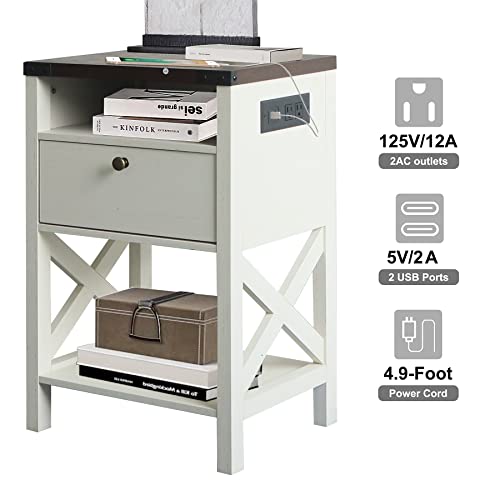 Rainbow Sophia Nightstand with Charging Station, Modern End Table with Drawer, Bedside Table with Open Storage, Vintage White/Espresso